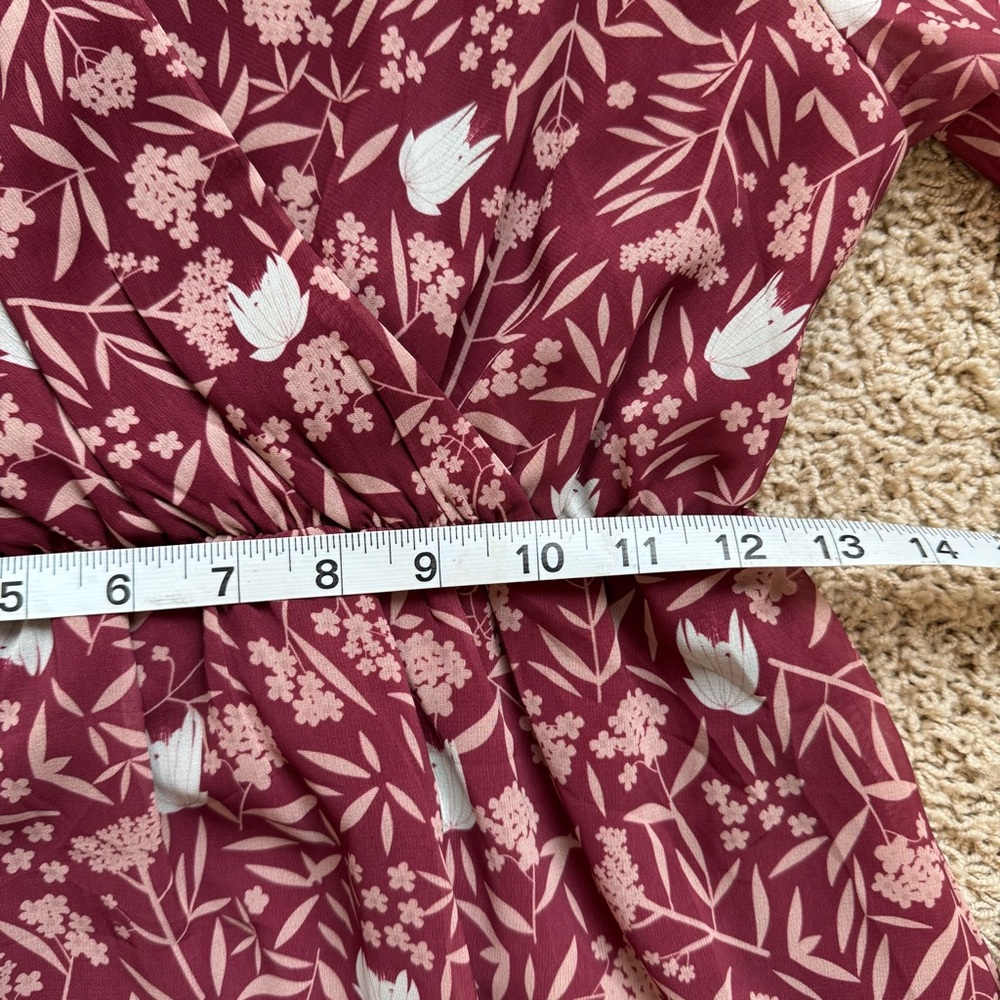 Floral Faux Wrap Midi Dress Burgundy Size Small Boho Cottagecore Fall - Picture 9 of 12